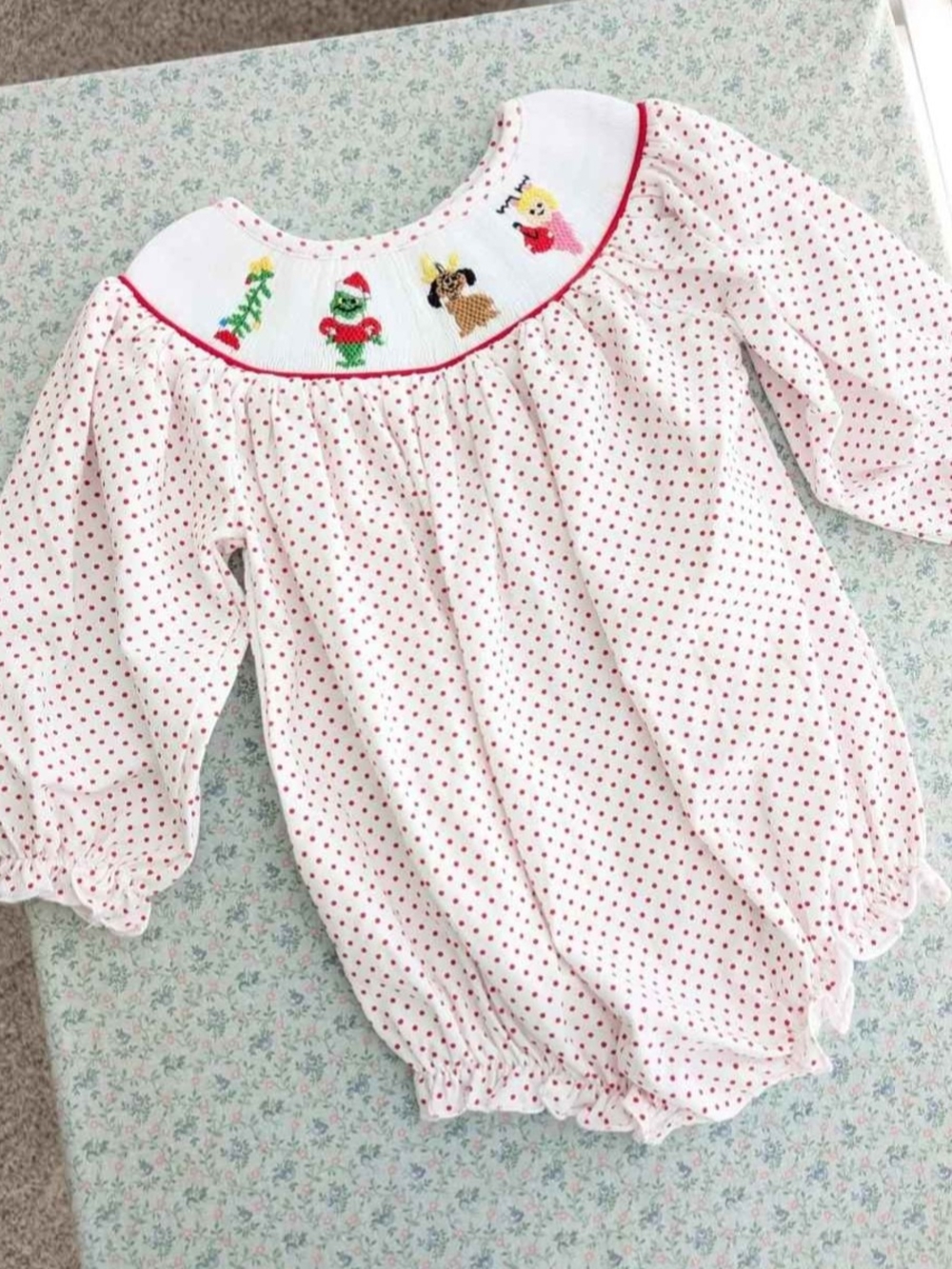 NWOT 6 Mos Smocked Grinch Christmas Bubble